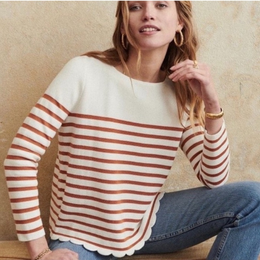 Sézane Corentine Cotton Red White Striped Scalloped Jumper Sweater Top Medium